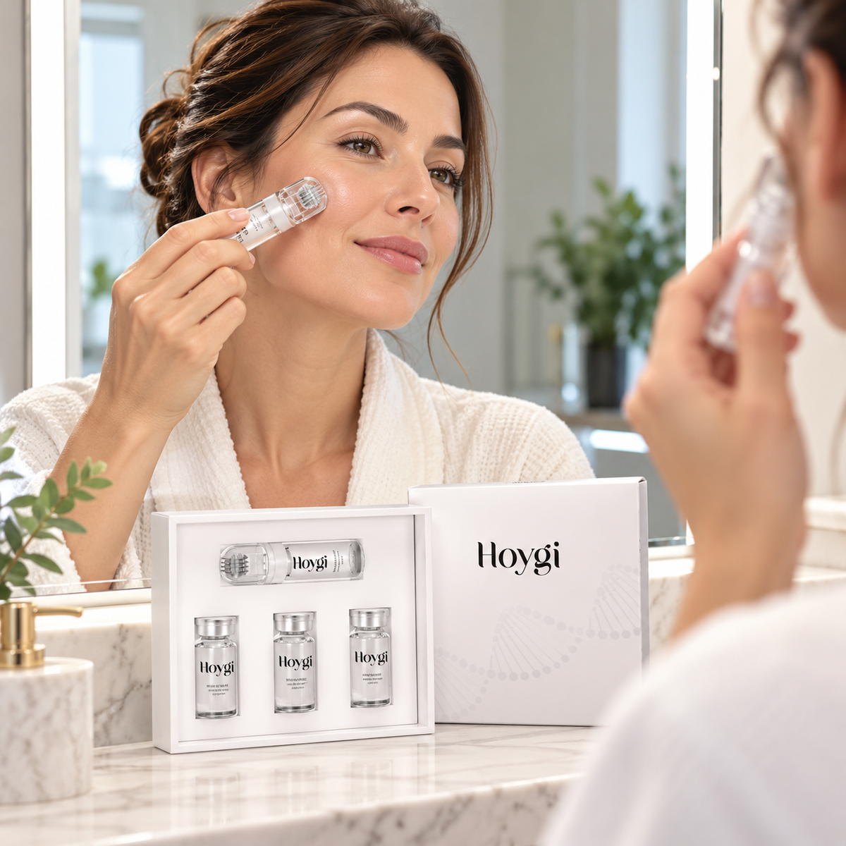 Mujer aplicando el sérum GlowNeedle con el aplicador de microagujas frente al espejo